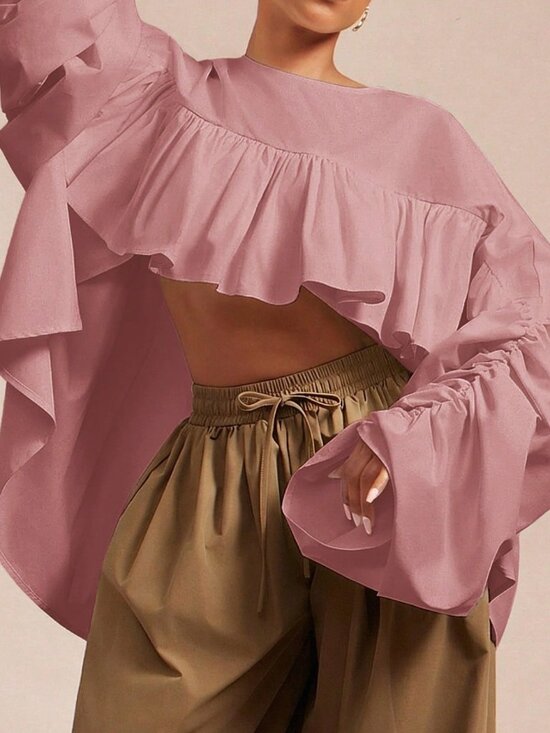Tops - Dusty Pink Casual Women's Woven Ruched Hi Low Hem Ruffle Top, Bold Cropped Top